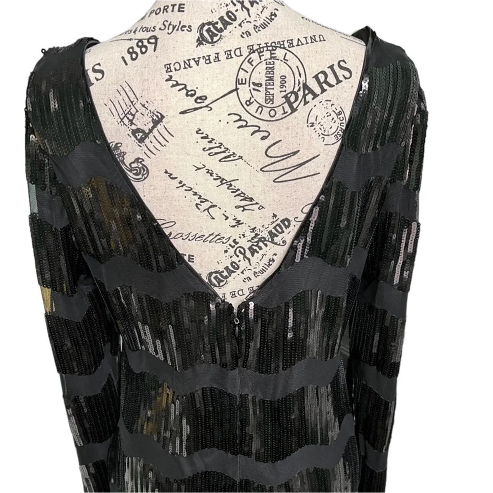 Anthro NANETTE LEPORE Black Wavy Sequin Striped Long Sleeve Dress - Picture 12 of 16